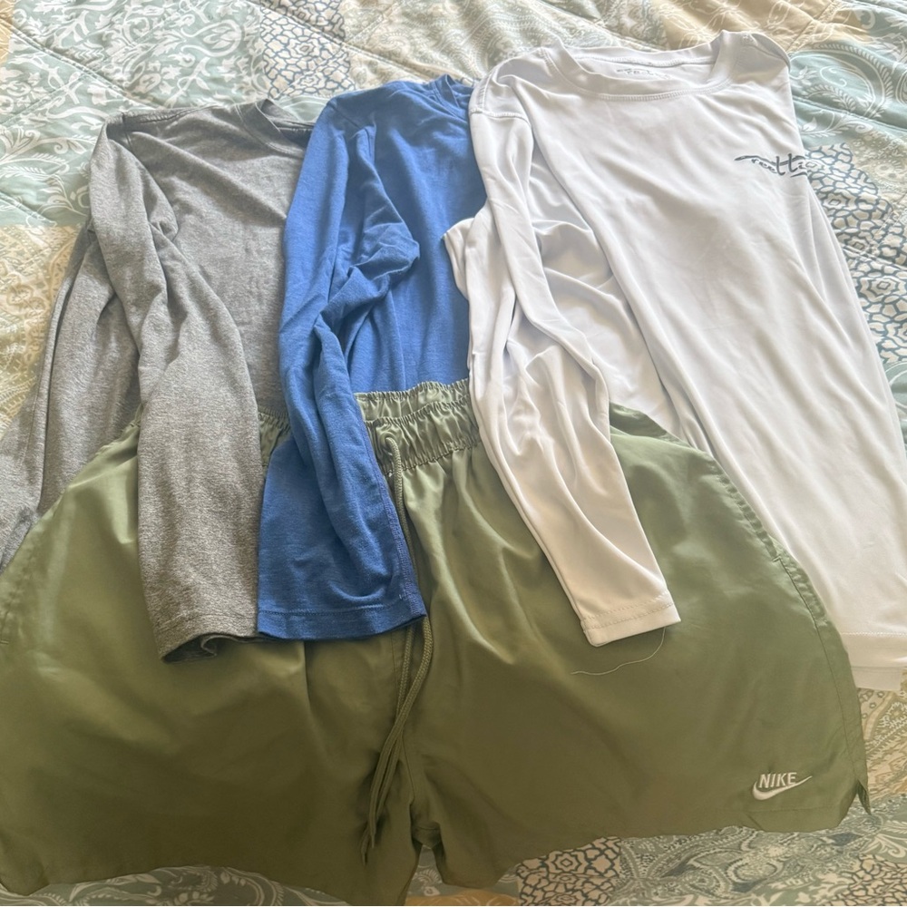 Nike Olive Shorts with Gray, Blue, and White Shirts